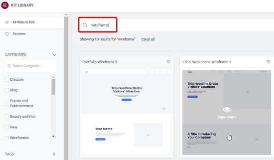 Elementor Kit Library Wireframes