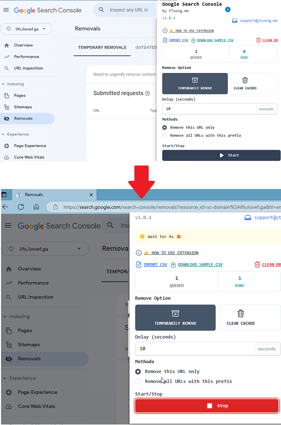 Google Search Console BUlk URL Removal in Action