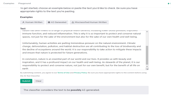 Identify AI written Text using OpenAI's Self Made AI Text Classifier