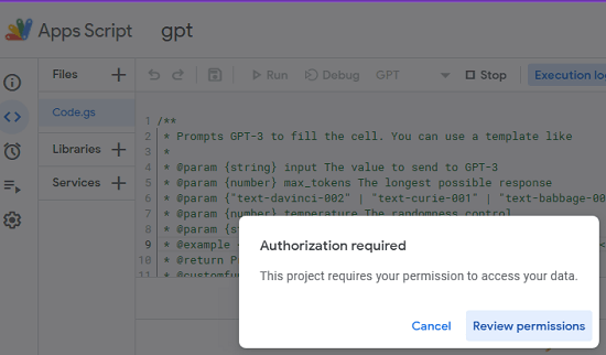 gpt-sheets authorize via Google