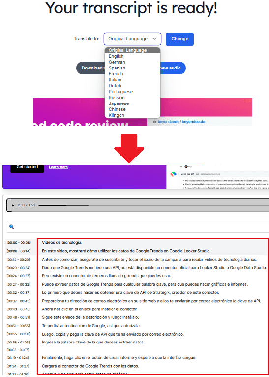 Writeout.ai audio transcription with translation