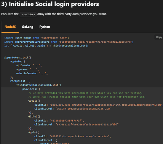 SuperTokens Init Backend Code Login Providers