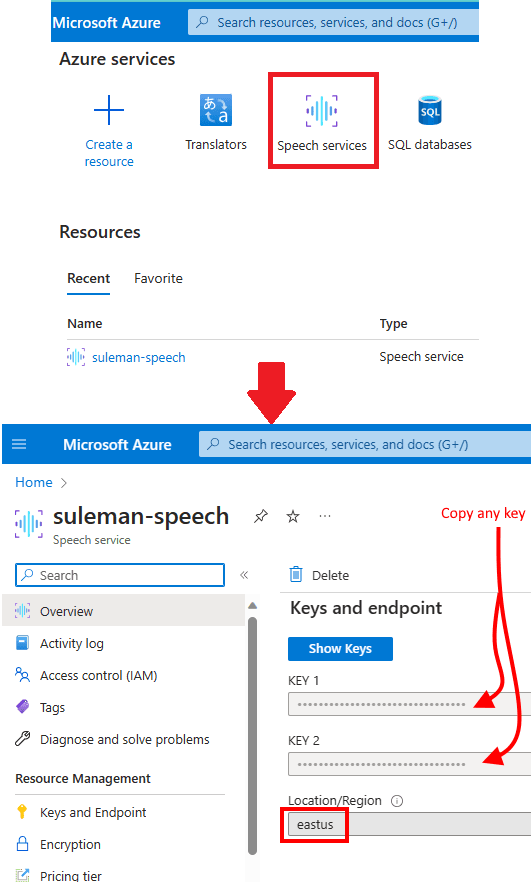 Azure Speech Key and Region