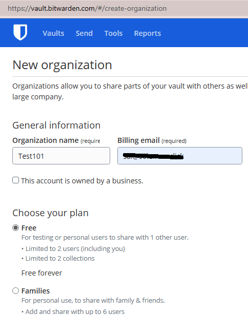 Create organization Bitwarden