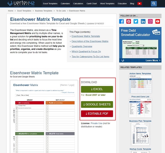 Vertex42 Eisenhower Matrix Template