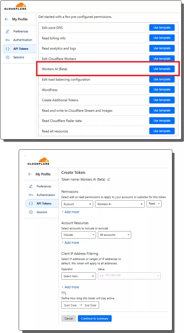 Workers AI Create API Token