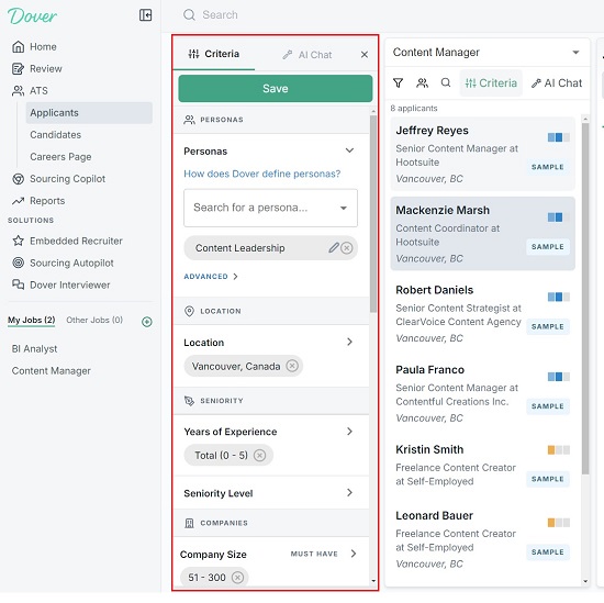 Criteria panel