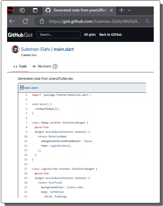 Pixels2Flutter Code in Gist